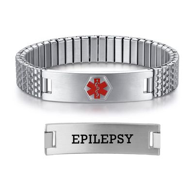 AOAMID Stretch Medical Alert Bracelets for Men Stainless Steel medical Bracelets for women with Free engraving-(epilepsy-silver-7.75 in)