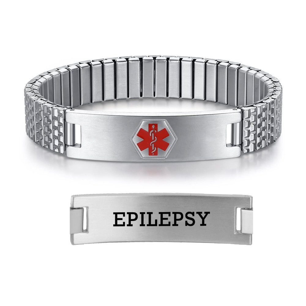 AOAMID Stretch Medical Alert Bracelets for Men Stainless Steel medical Bracelets for women with Free engraving-(epilepsy-silver-7.75 in)