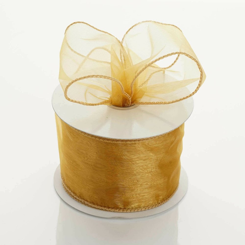 2.5 inch Wide x 10 Yards Wired Sheer Organza (SRBd) Ribbon - Wedding Favors Bows (Gold)