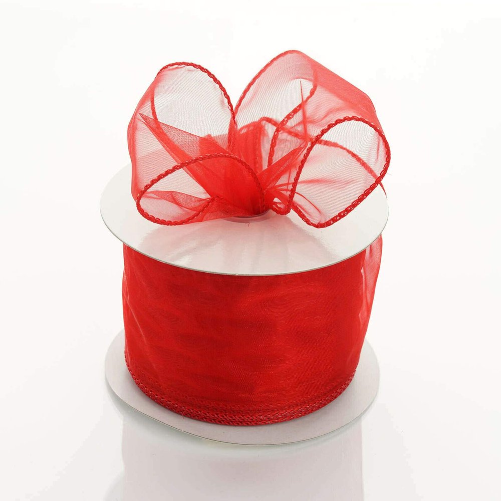 2.5 inch Wide x 10 Yards Wired Sheer Organza (SRBd) Ribbon - Wedding Favors Bows (RED)