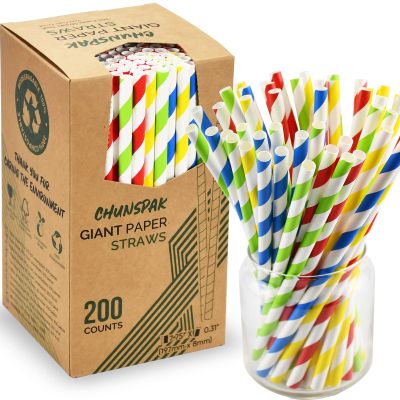 [200 Pack] Chunspak 7.75 Inch Giant Colorful Striped Paper Drinking Straws 0.31"/ 8mm Wide, for Smoothies, Milkshakes, Regular Drinks - Biodegradable