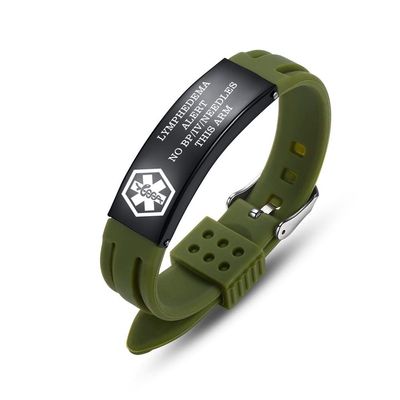 AOAMID Medical Alert Bracelets for Men Women Adjustable Free Engraving Sport Silicone Medical ID Bracelets 8.5 Inches (Green-lymphedema alert)