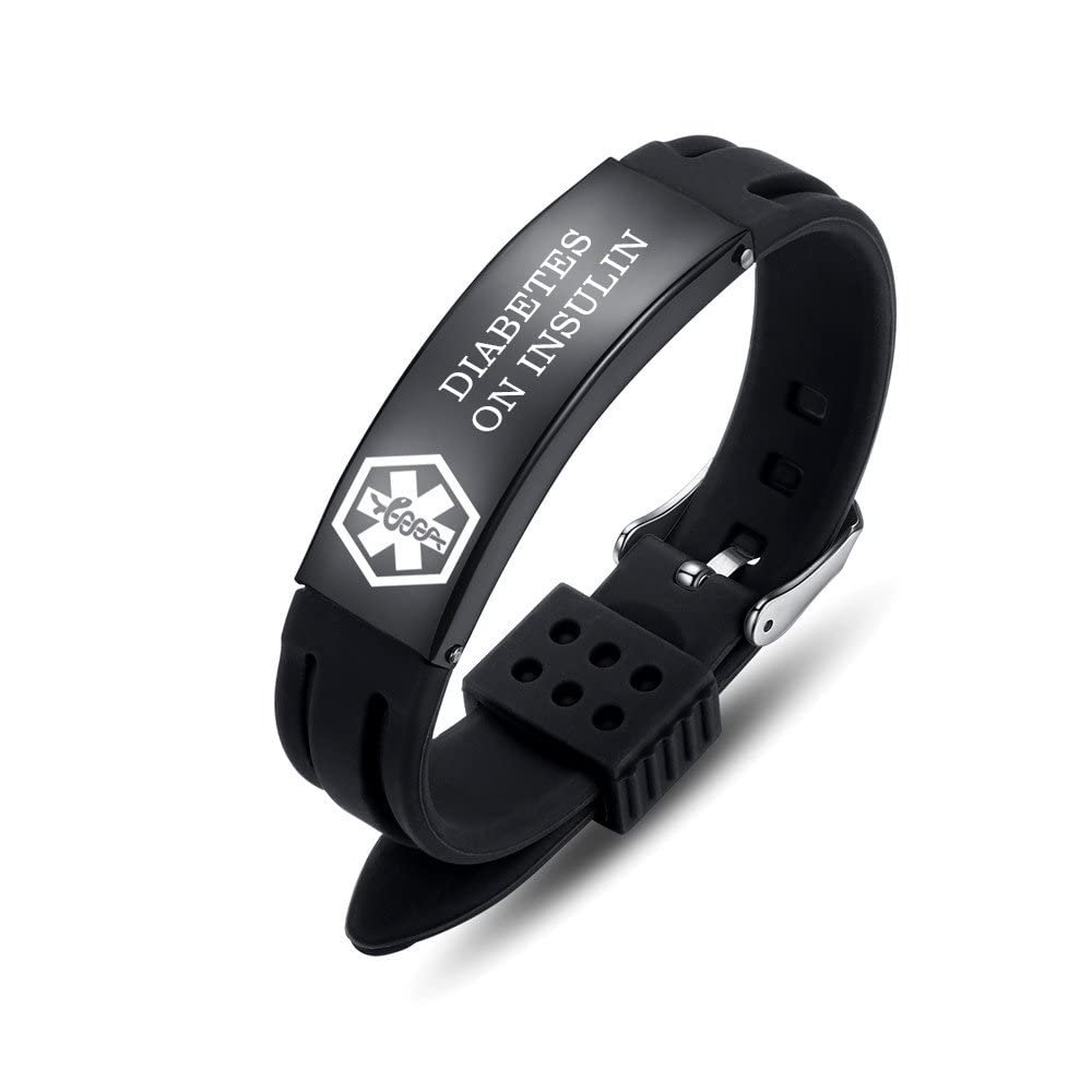 AOAMID Medical Alert Bracelets for Men Women Adjustable Free Engraving Sport Silicone Medical ID Bracelets 8.5 Inches (Black-diabetes on insulin)