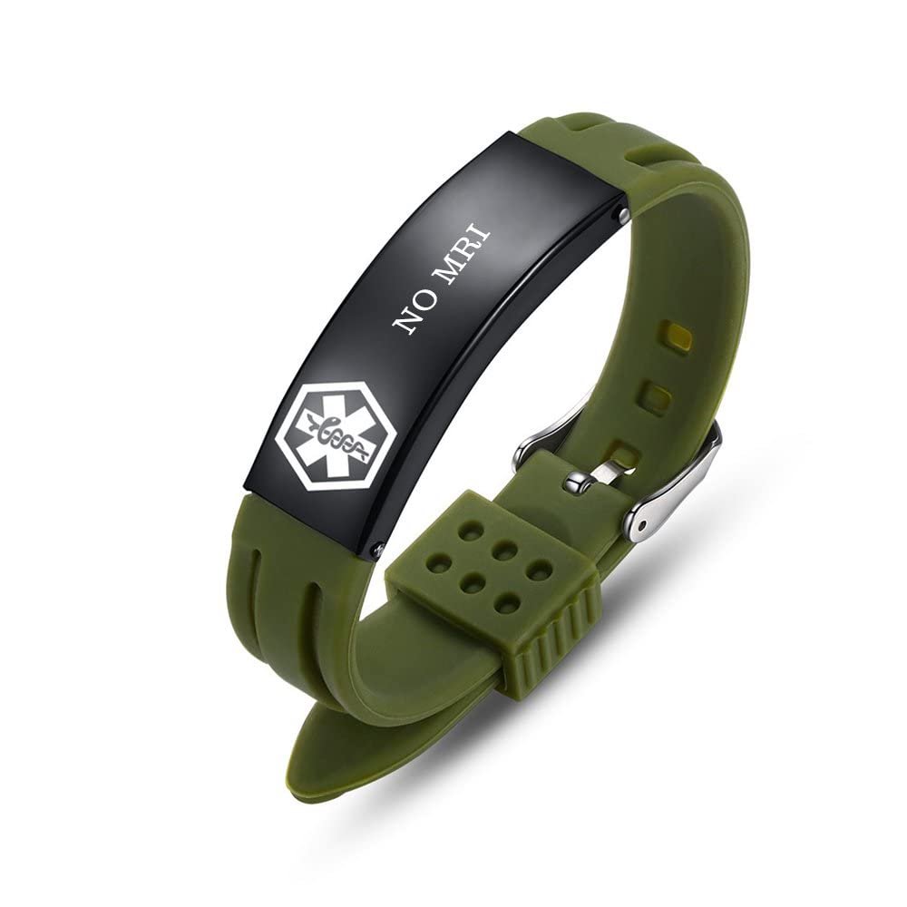 AOAMID Medical Alert Bracelets for Men Women Adjustable Free Engraving Sport Silicone Medical ID Bracelets 8.5 Inches (Green-no mri)