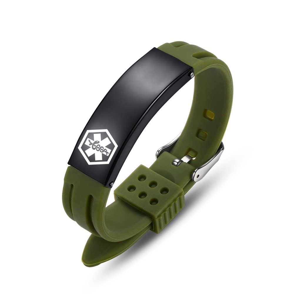 AOAMID Medical Alert Bracelets for Men Women Adjustable Free Engraving Sport Silicone Medical ID Bracelets 8.5 Inches (Green-customize)