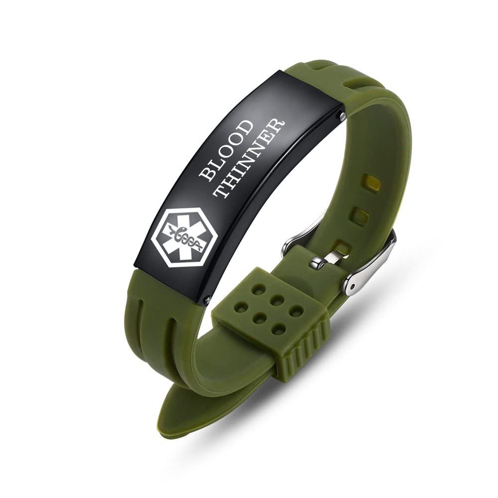 AOAMID Medical Alert Bracelets for Men Women Adjustable Free Engraving Sport Silicone Medical ID Bracelets 8.5 Inches (Green-blood thinner)