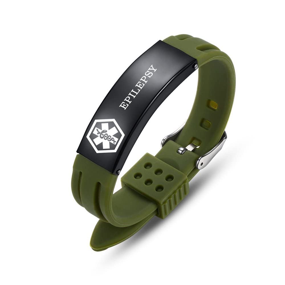 AOAMID Medical Alert Bracelets for Men Women Adjustable Free Engraving Sport Silicone Medical ID Bracelets 8.5 Inches (Green-epilepsy)