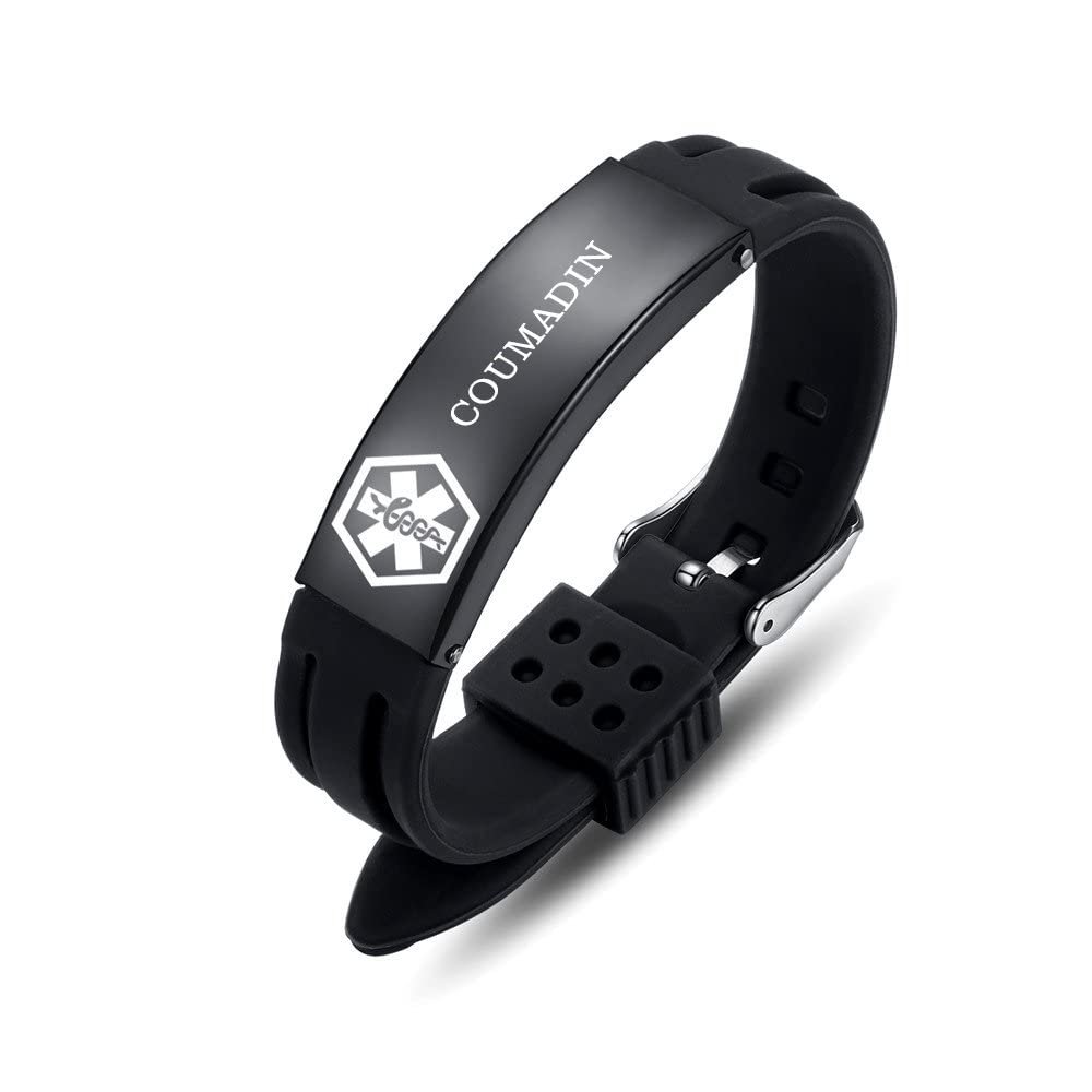 AOAMID Medical Alert Bracelets for Men Women Adjustable Free Engraving Sport Silicone Medical ID Bracelets 8.5 Inches (Black-coumadin)