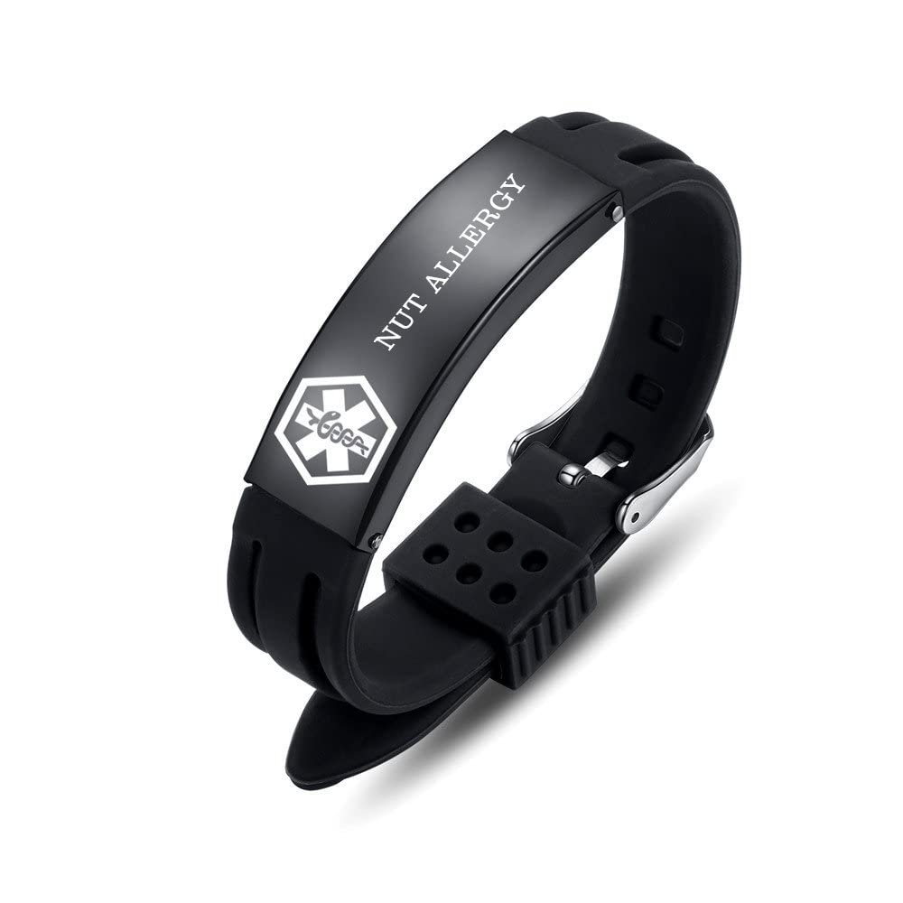 AOAMID Medical Alert Bracelets for Men Women Adjustable Free Engraving Sport Silicone Medical ID Bracelets 8.5 Inches (Black-nut allergy)