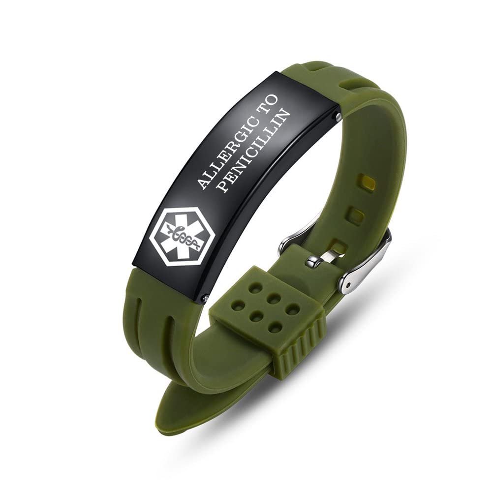 AOAMID Medical Alert Bracelets for Men Women Adjustable Free Engraving Sport Silicone Medical ID Bracelets 8.5 Inches (Green-allergy to penicillin)