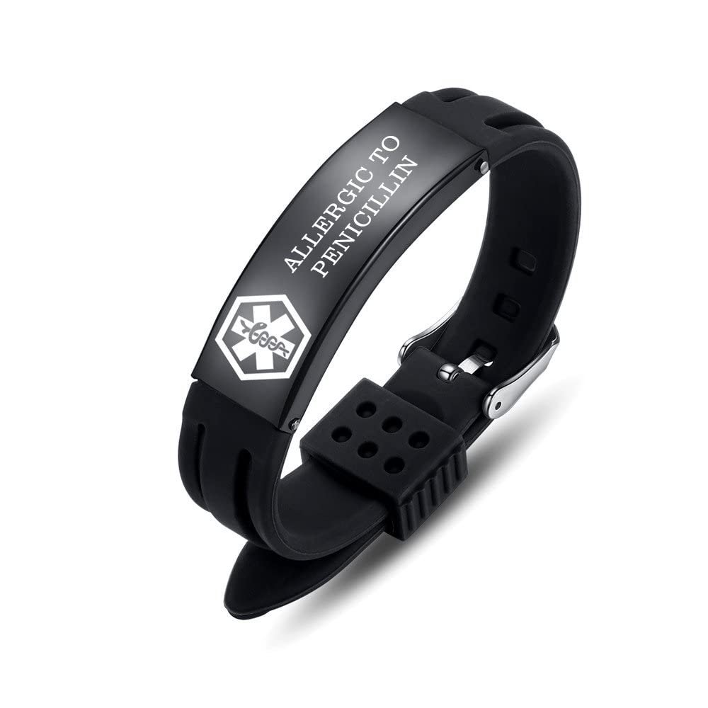 AOAMID Medical Alert Bracelets for Men Women Adjustable Free Engraving Sport Silicone Medical ID Bracelets 8.5 Inches (Black-allergy to penicillin)