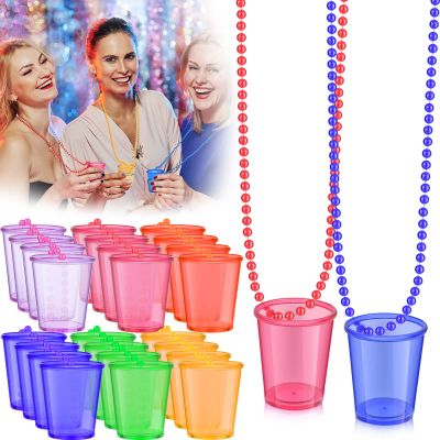 Hinly 48 Packs Shot Glass Beaded Necklace Bulk, 2 oz Fun Plastic Shot Glass Cups Ornament for Valentines Birthday Bachelorette Drinking Party, 6 Colors