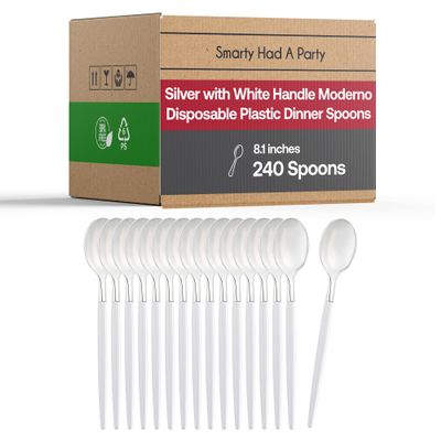 Smarty Had A Party Disposable Plastic Cutlery Set for 240 Guests, Heavy Duty White with Silver Plastic Spoons, Elegant Party Supplies for Weddings and Events