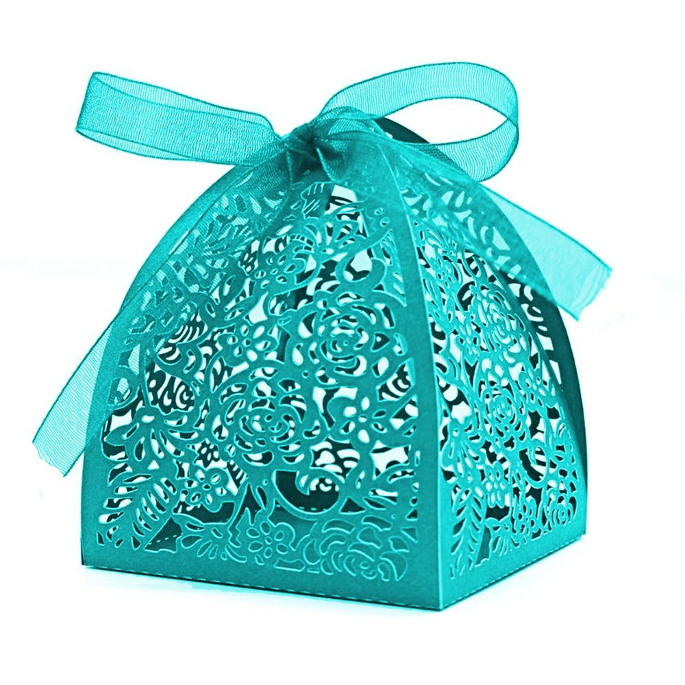 Auto-plaza 50 Pieces Beauty Laser Cut Favor Boxes DIY Wedding Birthday Gift Candy Boxes with Ribbons (Skyblue)