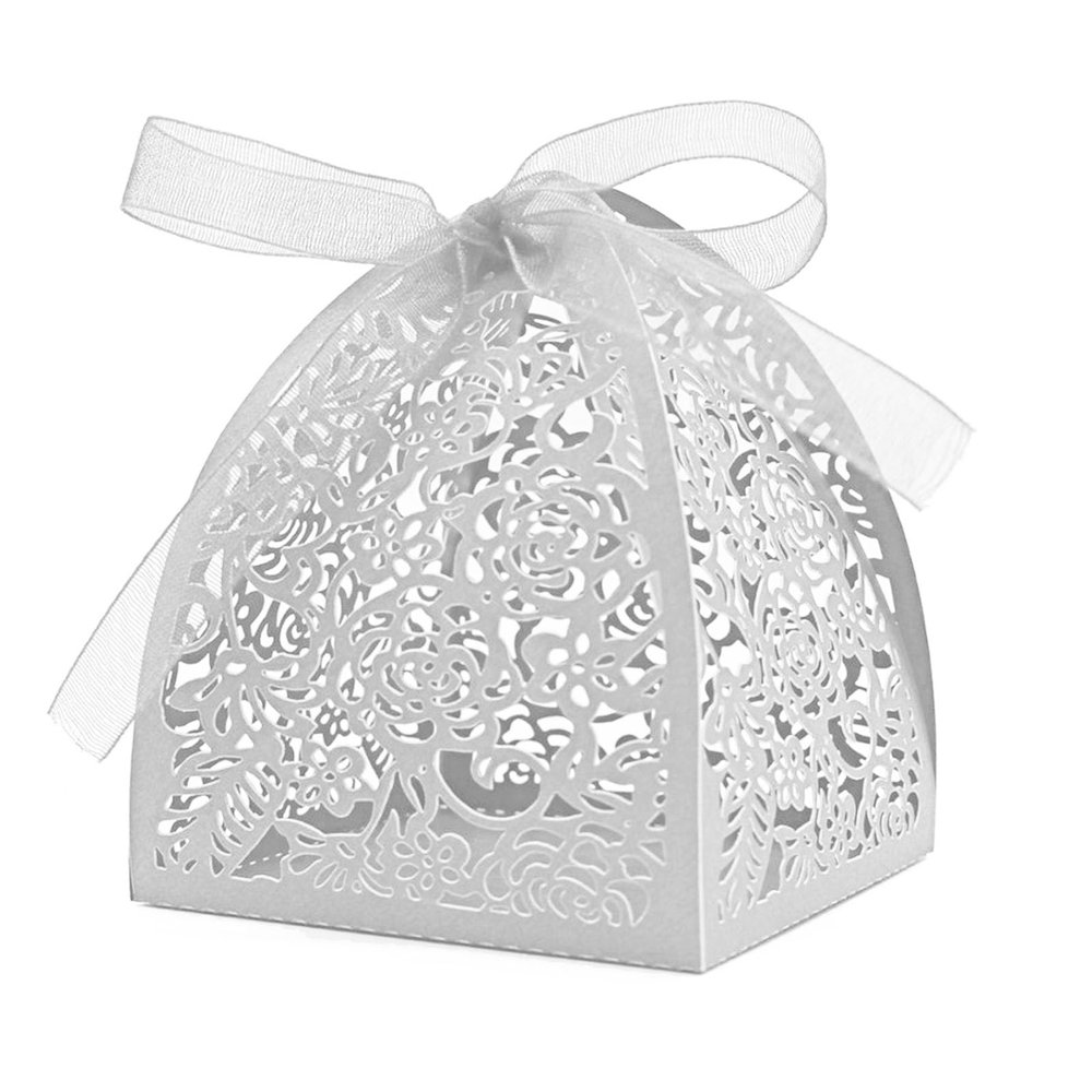 Auto-plaza 50 Pieces Beauty Laser Cut Favor Boxes DIY Wedding Birthday Gift Candy Boxes with Ribbons (White)