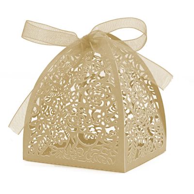Auto-plaza 50 Pieces Beauty Laser Cut Favor Boxes DIY Wedding Birthday Gift Candy Boxes with Ribbons (Beige)