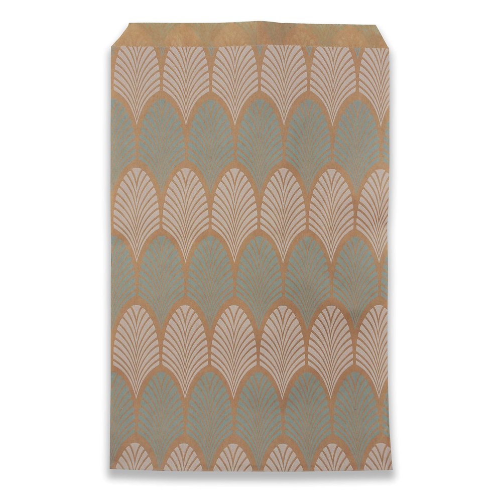 300 Qty 6" x 9" Decorative Flat Paper Gift Bags - Baby-Blue Leaf Pattern on Brown Kraft Bags - For Sales/Treats/Parties Cookies/Gifts - N'icePackaging
