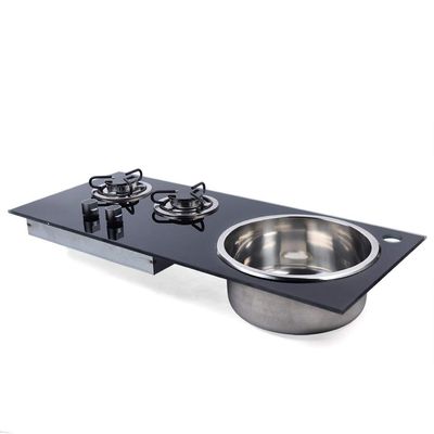 Gas Hob Cooktop 31 Inch 2 Burners Gas Stove Hob and Sink Combo with Glass Lid, Built in Gas Stoves Cooktop - LPG Gas Dual Fuel Thermocouple Protection for RV Camper Caravan Outdoor Apartments