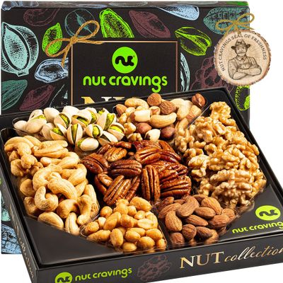 NUT CRAVINGS - Valentines Day Nut Collection Gift Basket in Elegant Box (7 Assortments) Treats for Adults, Food Arrangement, Healthy Snack Care Package, Kosher