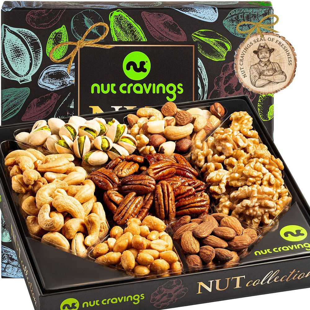 NUT CRAVINGS - Valentines Day Nut Collection Gift Basket in Elegant Box (7 Assortments) Treats for Adults, Food Arrangement, Healthy Snack Care Package, Kosher