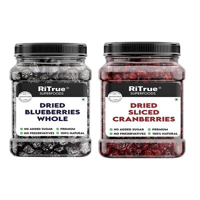 Admart RiTrue - Dried Sliced Cranberry & Whole Blueberry Combo (250 Gm Each) - Organic Cranberries & Blueberries Without Sugar (unsweetened Dry Fruits)
