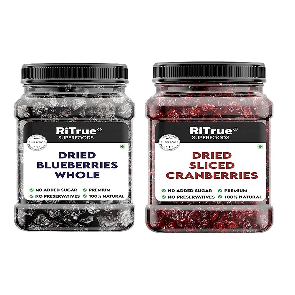 Admart RiTrue - Dried Sliced Cranberry & Whole Blueberry Combo (250 Gm Each) - Organic Cranberries & Blueberries Without Sugar (unsweetened Dry Fruits)