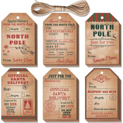 120 Pieces Christmas Tags from Santa Claus Name Tags Xmas Holiday Kraft Tags Brown Hang Paper Labels with Ropes for DIY Xmas Holiday Wrap Stamp Present Name Card