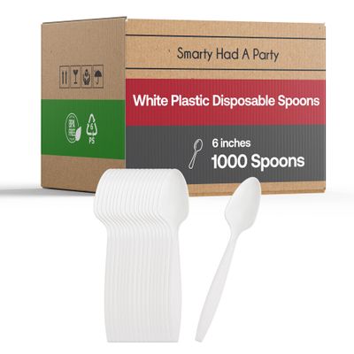 White Plastic Disposable Spoons, 6 Inch, Pack of 1000 - Heavy Duty BPA-Free and Recyclable Spoons, Ideal for Soups, Desserts, and Hot Foods, Eco-Friendly Bulk Cutlery for Parties and Catering