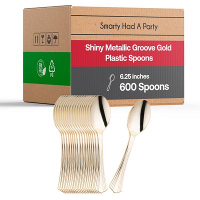 600-Pack Disposable Heavy-Duty Plastic Spoons, Fancy Shiny Metallic Groove Silver Plastic Silverware, Recyclable & Premium Quality Cutlery for Weddings, Catering, Parties & All Occasions