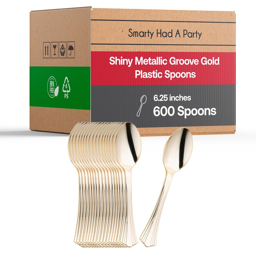 600-Pack Disposable Heavy-Duty Plastic Spoons, Fancy Shiny Metallic Groove Silver Plastic Silverware, Recyclable & Premium Quality Cutlery for Weddings, Catering, Parties & All Occasions