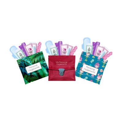 3 x Menstrual All-in-One Kits - Assorted Colors | Convenience on The Go | Single Period Kit Packs | Individually Wrapped Feminine Hygiene Products (Green Ferns/Red Purse/Under The Sea)