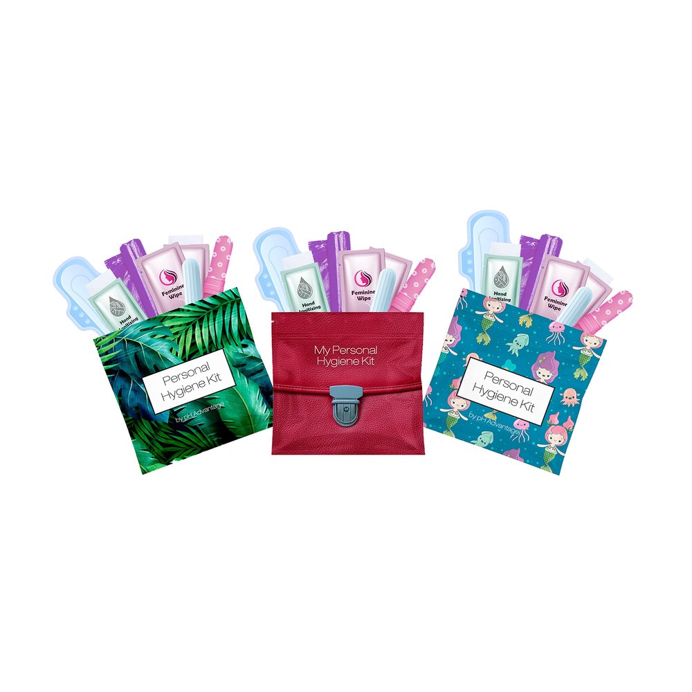 3 x Menstrual All-in-One Kits - Assorted Colors | Convenience on The Go | Single Period Kit Packs | Individually Wrapped Feminine Hygiene Products (Green Ferns/Red Purse/Under The Sea)