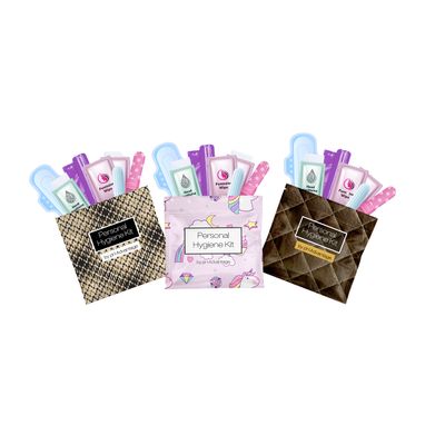 3 x Menstrual All-in-One Kits - Assorted Colors | Convenience on The Go | Single Period Kit Packs | Individually Wrapped Feminine Hygiene Products (Light Brown/Rainbow & Unicorns/Dark Brown)