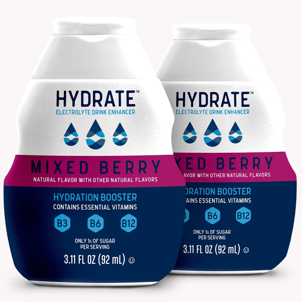 hydrate Electrolyte Liquid Drink Enhancer Drops, Low Sugar, Low Calorie, Natural Flavor Hydration Mix with Essential Vitamins B3 B6 B12 (6.22 Fl Oz (Pack of2), Mixed Berry)