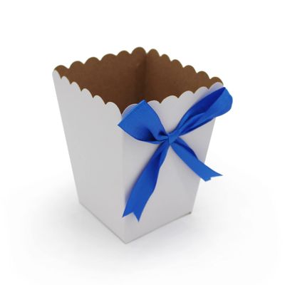 FELANAS 6 Pack White Popcorn Boxes with Ribbon | Great for Movies, Baseball, Night Decorations, Candy Boxes Party Favors | 13.5 x 13.5 x 16.5 CM : 5.5"x 5.5"x6.5" | 6 Popcorn Cups with Dark Blue Ribbon