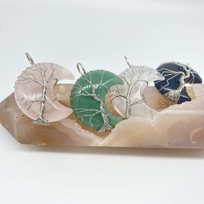 4 Kinds Crystal Moon Pendant Wire Wrapped Necklace Tree of Life Reiki Energy Crystal Pendant-Clear Quartz/Obsidian/Green Aventurine/Rose Quartz-Gift for Her (Green Aventurine)