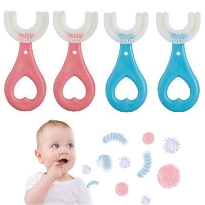 4PCS Kids U-Shaped Toothbrush,360 Toothbrush Kids,Food Grade Soft Silicone Brush Head,Oral Teeth Cleaning Design(Blue+Pink, 2-6 Ages)