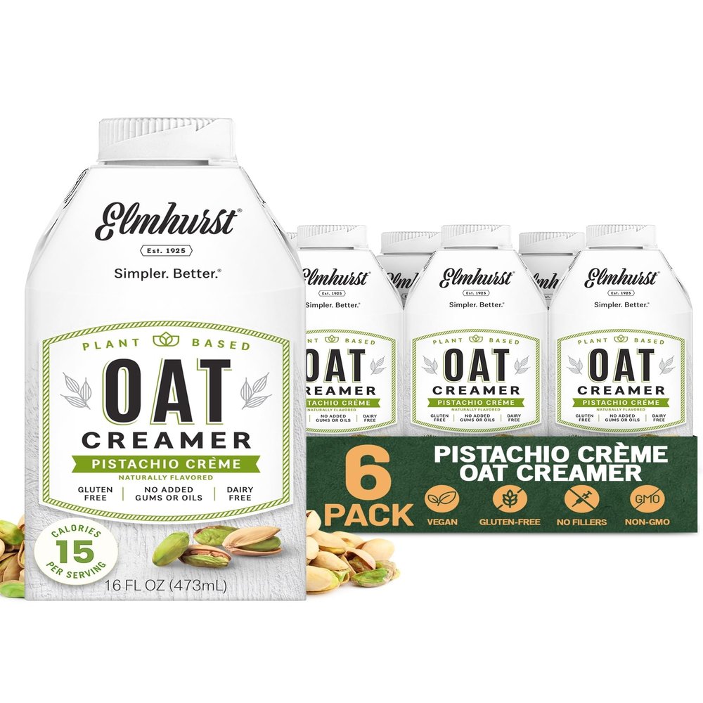 Elmhurst 1925 Pistachio Crme Oat Creamer - 16 Ounce (Pack of 6) Dairy-Free, Vegan, Kosher, Low Sugar, Shelf Stable Creamer Made with Oat Grains & Pistachios for Simpler Plant Based Alternatives