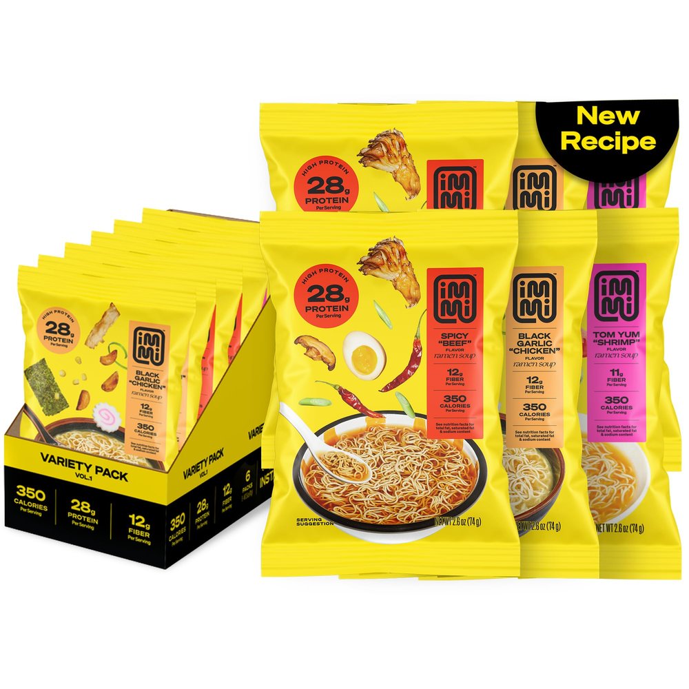 immi Variety Pack Ramen Spicy Beef, Black Garlic Chicken & Tom Yum Shrimp Vegan, High Protein Ramen Noodles Low Carb, Zero Sugar Healthy Keto-Friendly Ramen Bowls, 6-Pack