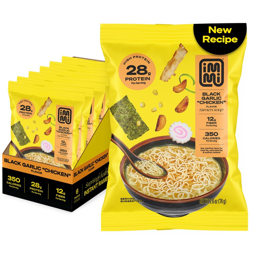 immi Black Garlic Chicken Ramen  Bold Flavor, Chewier Noodles & High Protein  Vegan, Keto-Friendly Ramen Noodles  Low Carb, Zero Sugar  Healthy Plant-Based Ramen Bowl, 6-Pack