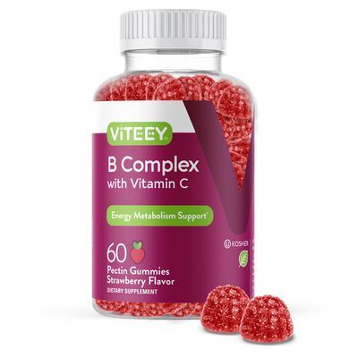Viteey Vitamin B Complex Gummies with Vitamin C - Energy, Metabolism & Immune Support - B6, B12, Niacin, Folic Acid, Biotin, Calcium - Vegan, Gluten-Free - 60 Count