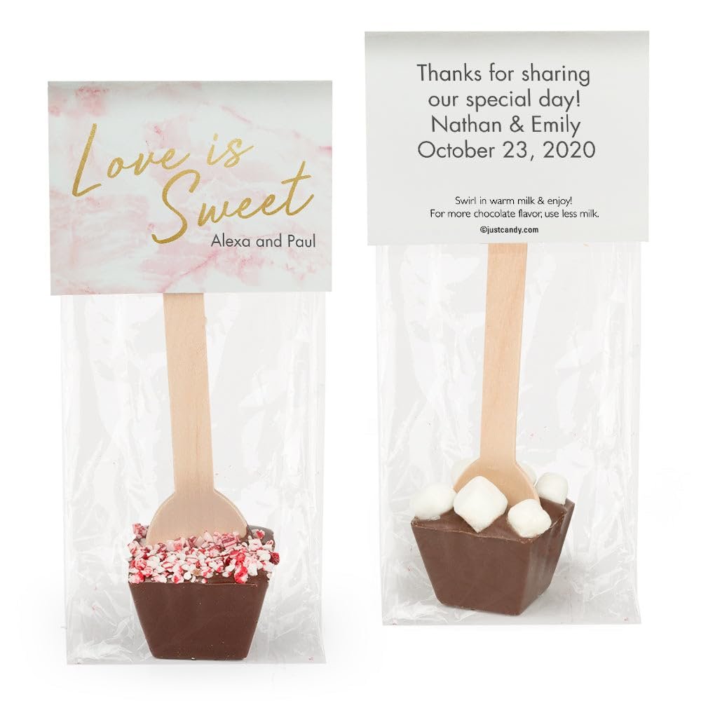 12ct Personalized Wedding Favors Hot Chocolate Spoons (12 Pack) Gourmet Milk Chocolate - Caranation Pink Love is Sweet