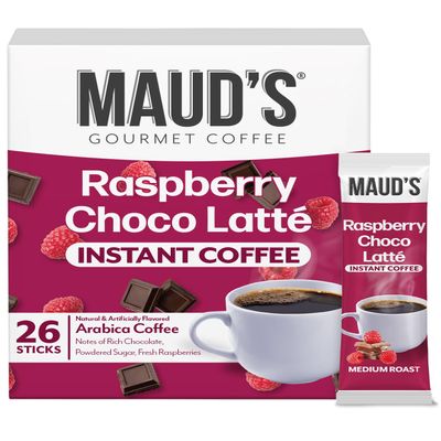 Maud's Raspberry Chocolate Flavored Instant Coffee, 26 ct, 100% Arabica Coffee, Medium Roast, Instant Hot or Iced Coffee - Just add water