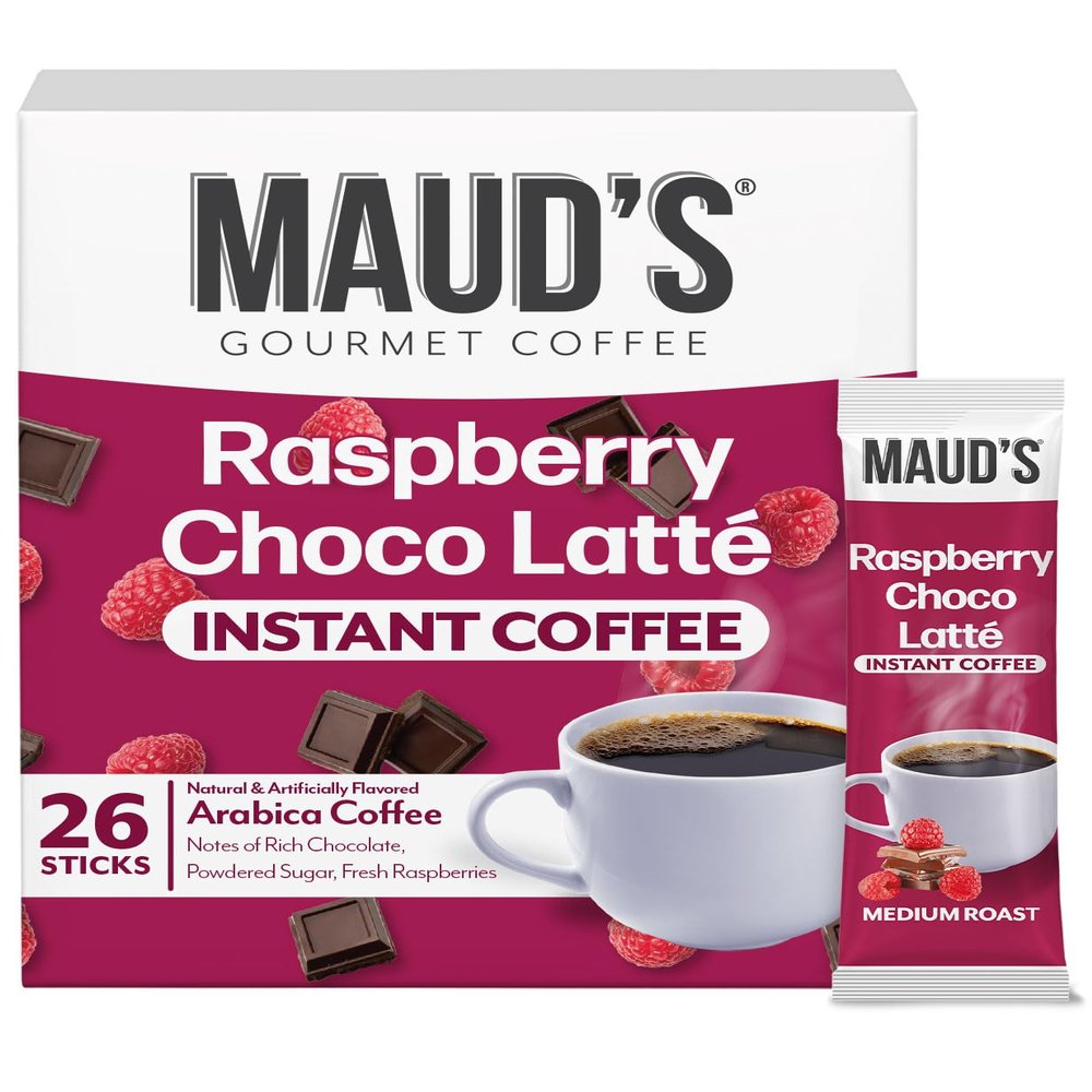 Maud's Raspberry Chocolate Flavored Instant Coffee, 26 ct, 100% Arabica Coffee, Medium Roast, Instant Hot or Iced Coffee - Just add water