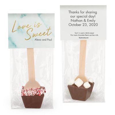 12ct Personalized Wedding Favors Hot Chocolate Spoons (12 Pack) Gourmet Dark Chocolate - Blue Love is Sweet