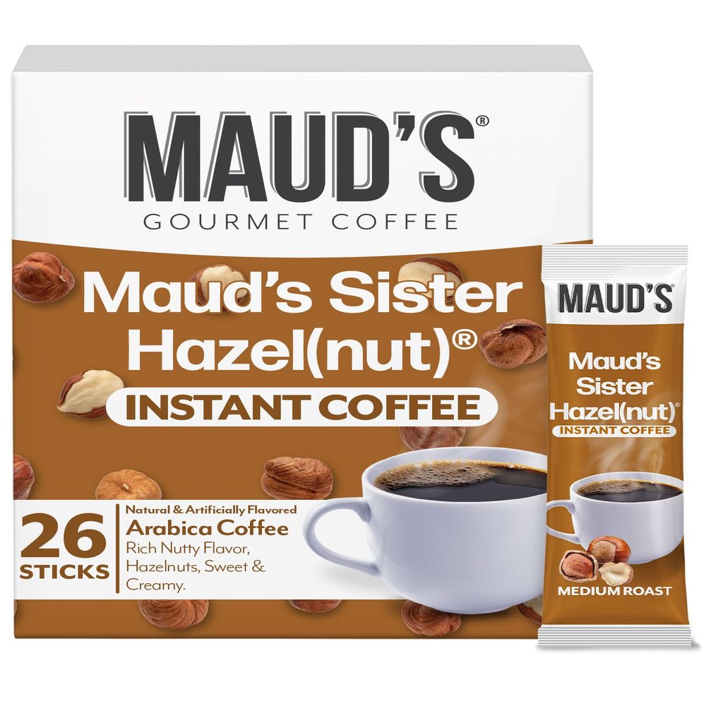 Maud's Sweet Hazelnut Flavored Instant Coffee, 26 ct, 100% Arabica Coffee, Medium Roast, Instant Hot or Iced Coffee - Just add water