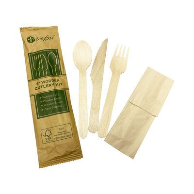 100 Count | KingSeal FSC Certified Disposable Wood Cutlery Kits, Bulk Pack, Sustainably Sourced - Spoon, Fork, Knife with Bleach-Free Napkin - 4 Bags x 25 Sets