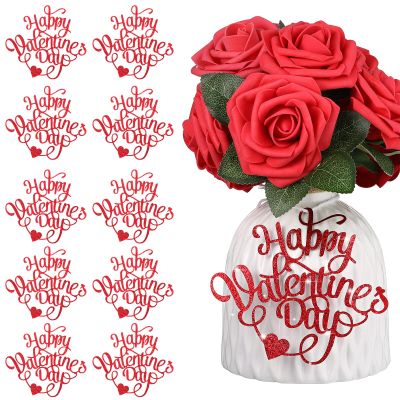 10 Pcs Happy Valentines Day Decorations Centerpieces Valentines Day Red Glitter Cutouts Banner Jar Tags Vase Tags Gift with Burlap Rope for Wedding Anniversary Proposal Decor