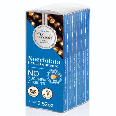 Venchi - Set of 6 Extra Dark Hazelnut Bars, 21.16 oz - NO Added Sugar - NO Artificial Sweeteners - Gluten Free - Vegan - Great Gift Idea