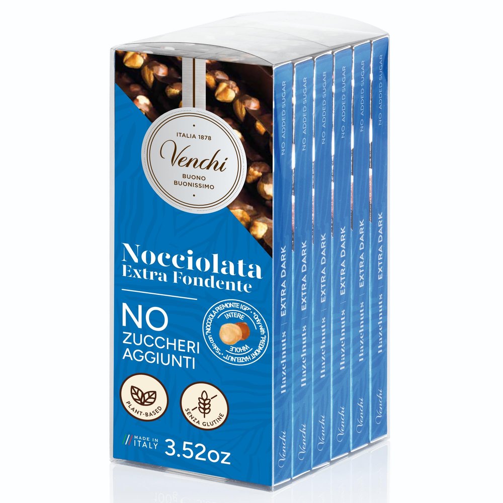 Venchi - Set of 6 Extra Dark Hazelnut Bars, 21.16 oz - NO Added Sugar - NO Artificial Sweeteners - Gluten Free - Vegan - Great Gift Idea